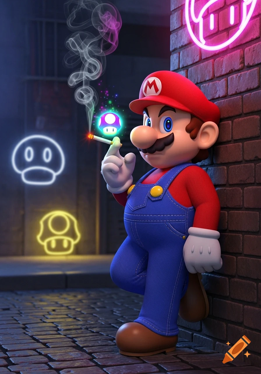 Stylized image of Mario leaning against a brick wall, smoking a cigarette with a glowing mushroom, surrounded by neon signs.