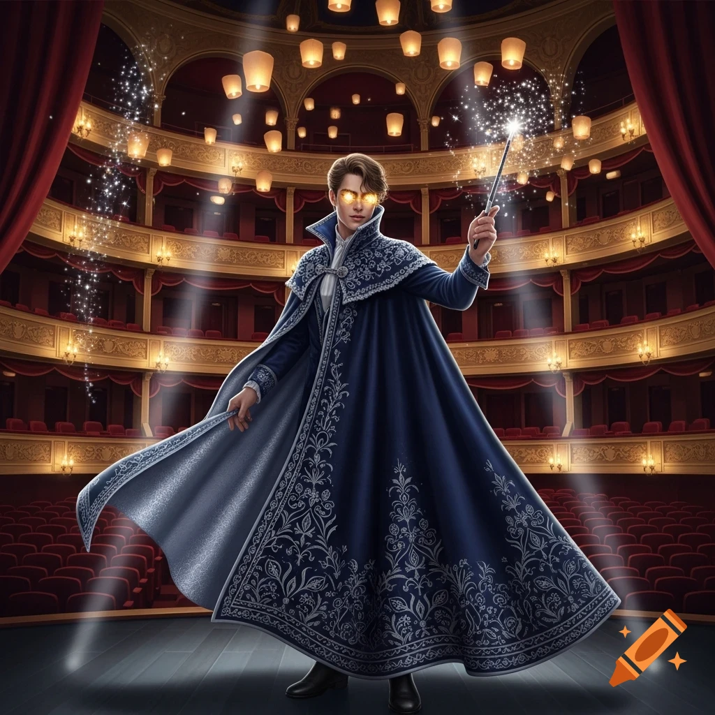 A young magician in a blue, ornate cape on a stage, holding a glowing wand, in a grand theater with floating lanterns.