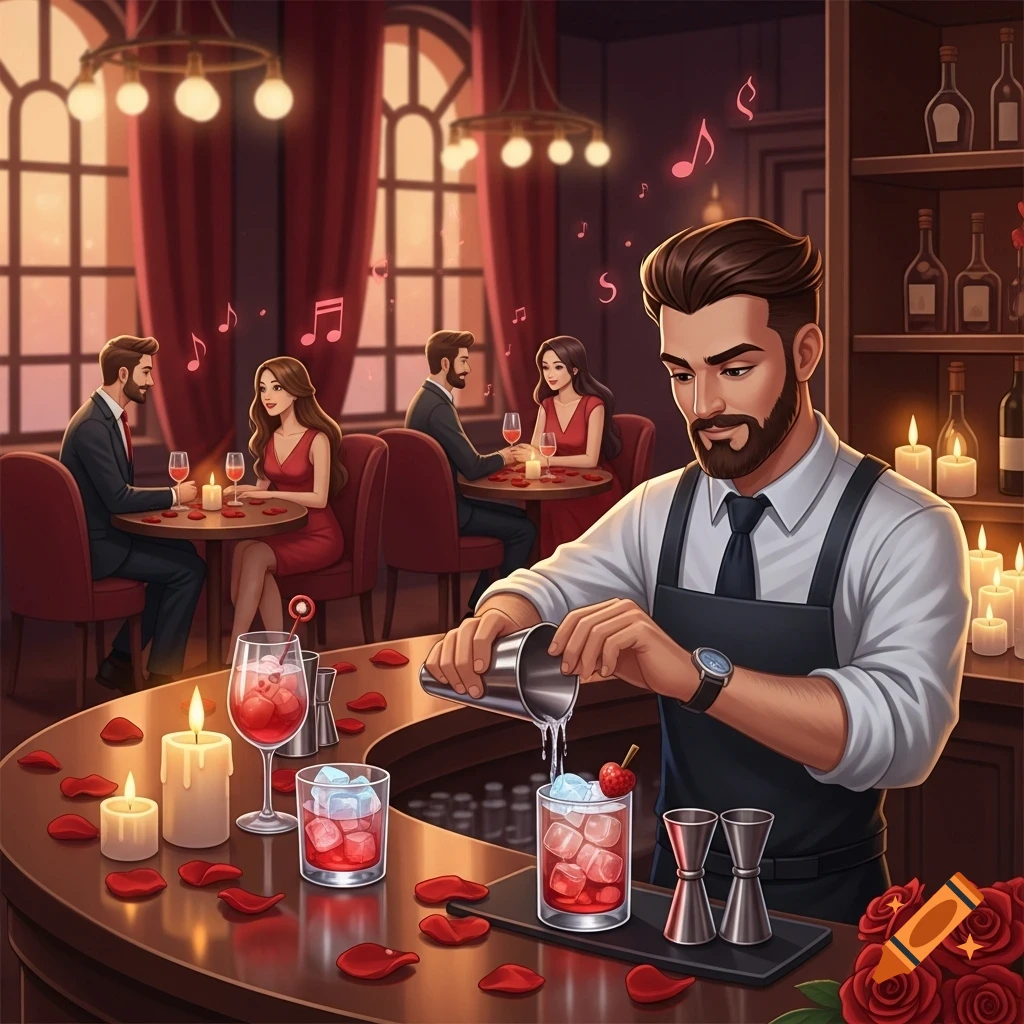 An illustrative image of a bartender making drinks at a romantic bar, with couples dining at tables in the background.