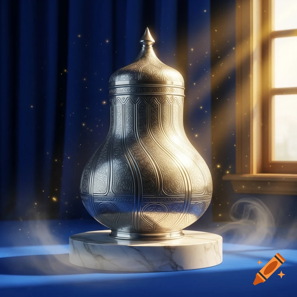 Silver ornate urn with intricate patterns on a marble base, illuminated by golden light from a window against a blue background.