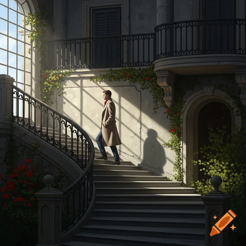 A person in a coat walks up a grand stone staircase inside an ornate building with a large arched window, bathed in sunlight.