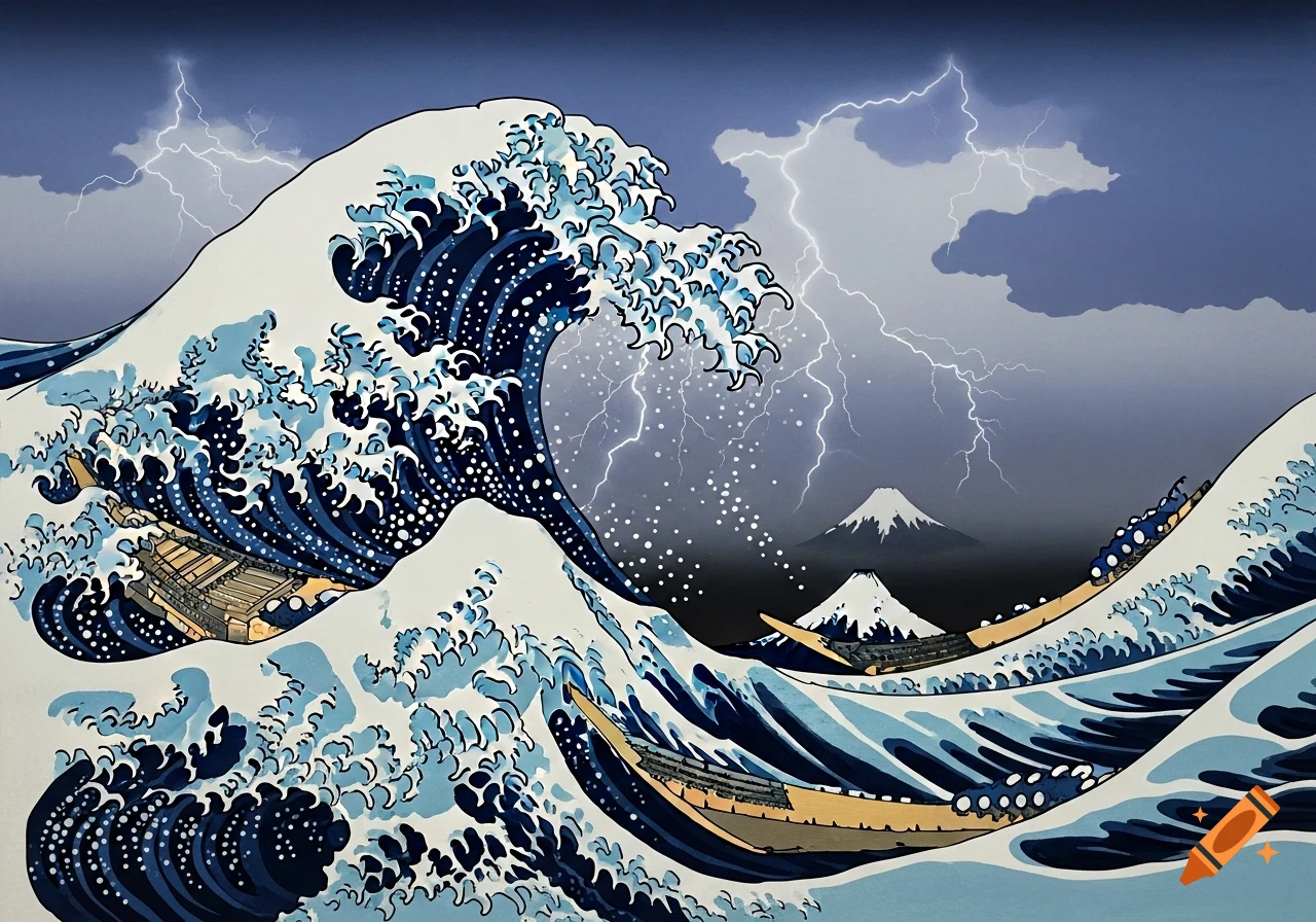 A stylized depiction of a stormy sea with large waves and small boats, with lightning in the sky and Mount Fuji in the background.