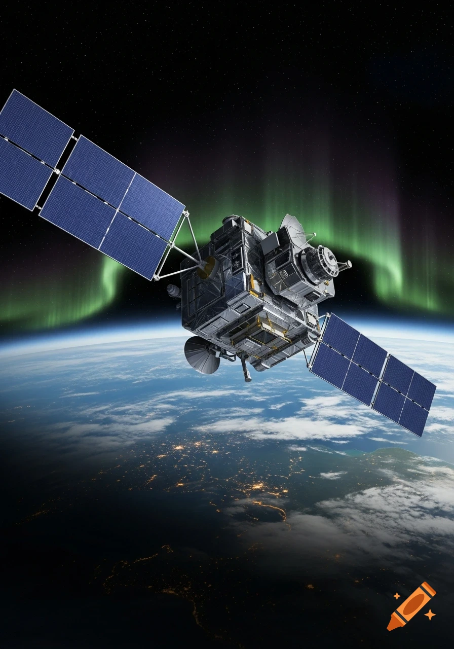 A detailed satellite orbits above Earth, with city lights visible on the dark side and a green and purple aurora in the starry background.
