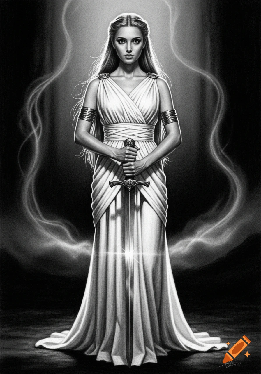 Charcoal drawing of a beautiful woman in a flowing white ancient dress, holding a sword against a dark, atmospheric background.