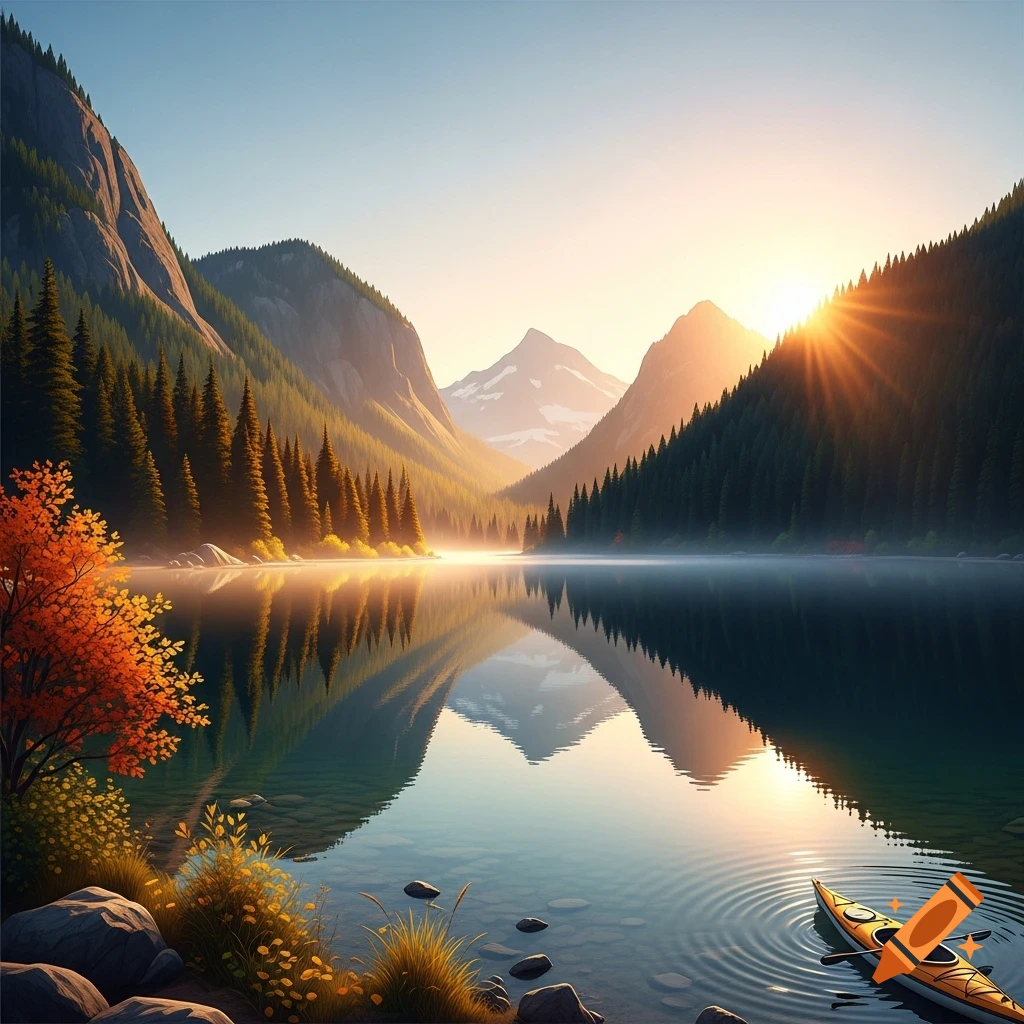 A serene mountain lake at sunrise with a kayak on the calm water and autumn foliage on the shore.