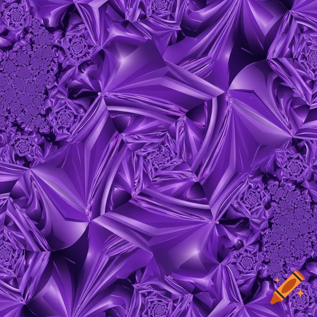 A vivid purple abstract image with intricate, reflective geometric shapes and fractal-like patterns.