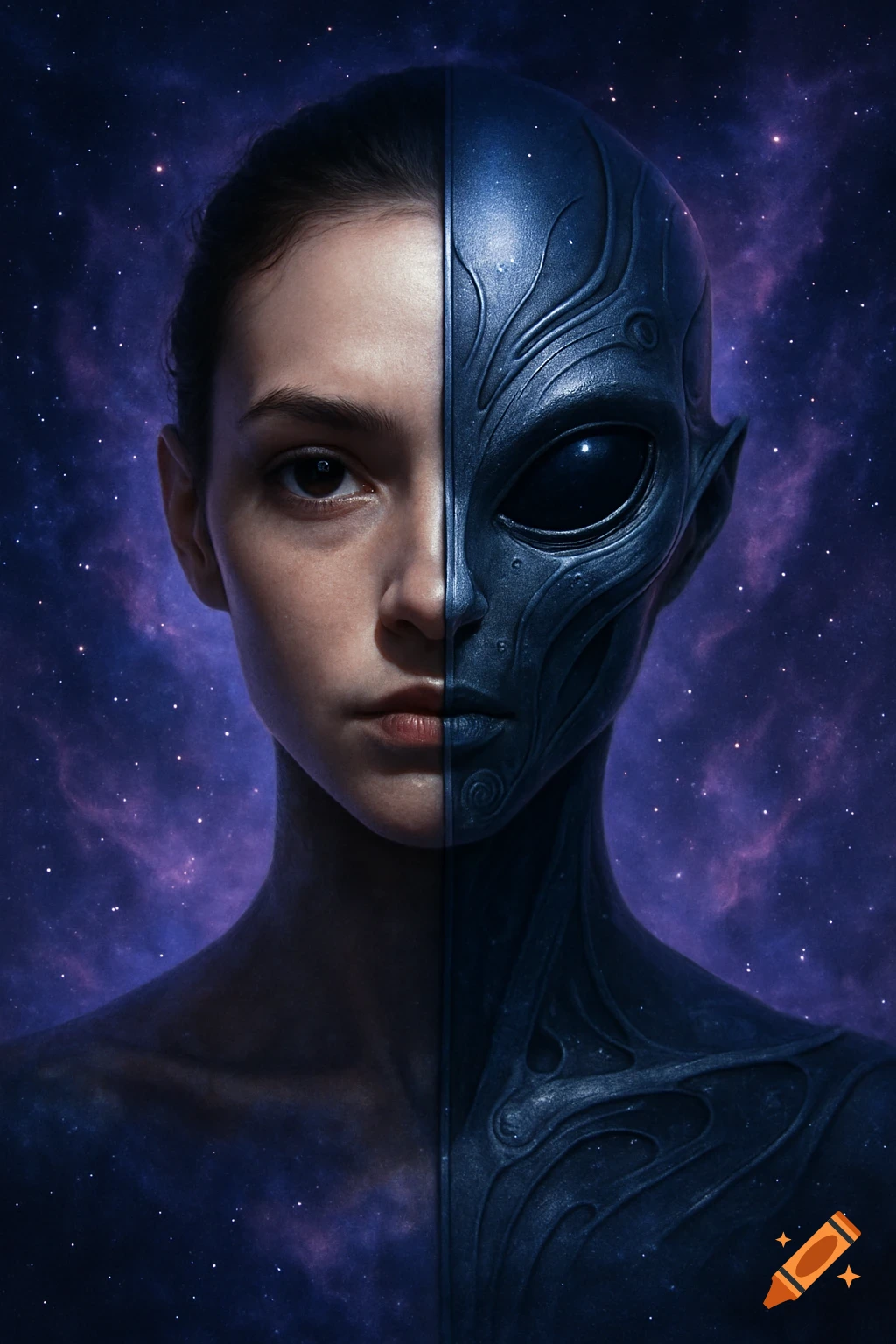 A photorealistic portrait of a face vertically split: half human, half ...