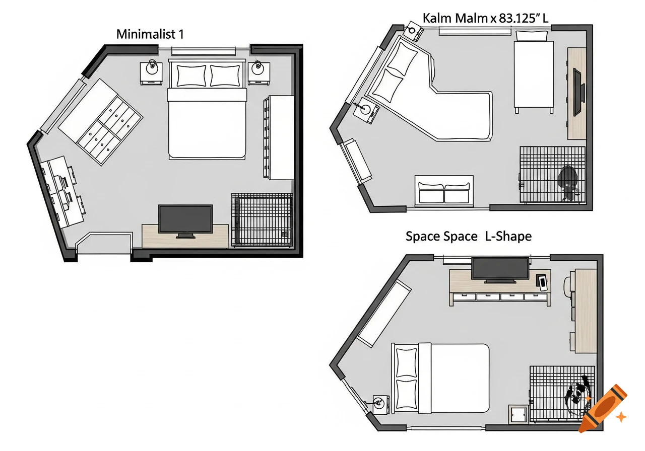 Three top-down floor plans showcasing different bedroom layouts with a queen bed, dresser, TV bench, and dog crate.