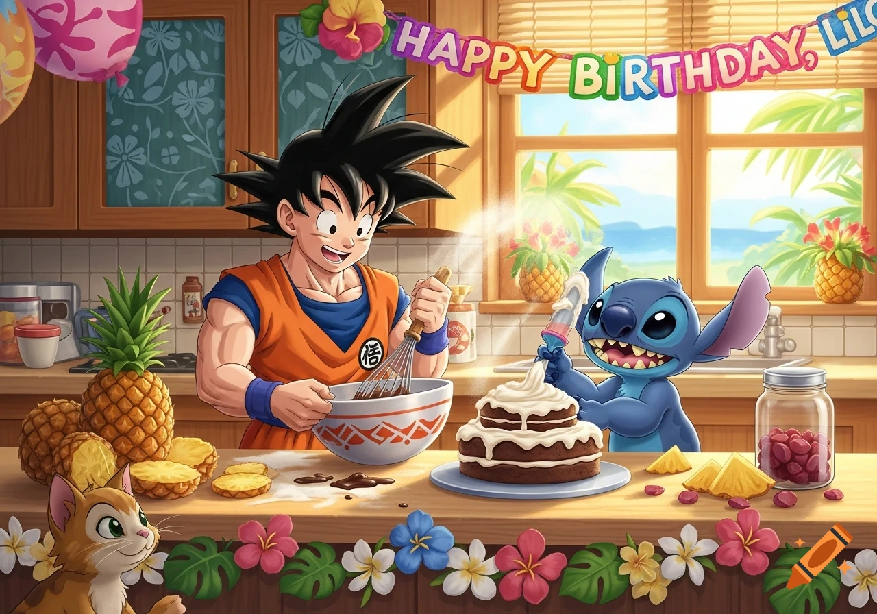 Goku and Stitch bake a chocolate cake with white frosting in a colorful kitchen, decorated with a 'Happy Birthday, LILG' banner.