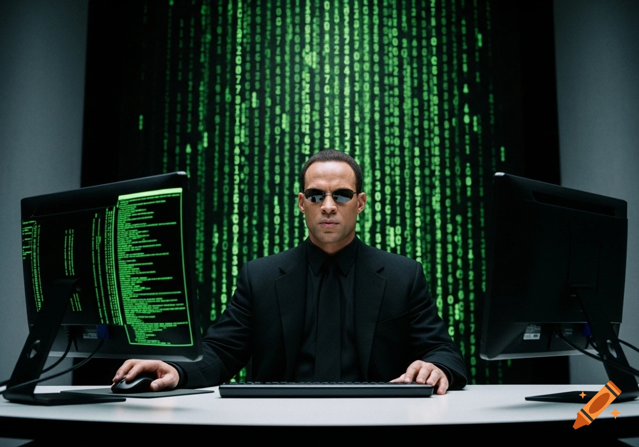 A man resembling Agent Smith from The Matrix, wearing a black suit and sunglasses, sits at a desk with two monitors displaying green code, against a backdrop of falling green digital text.