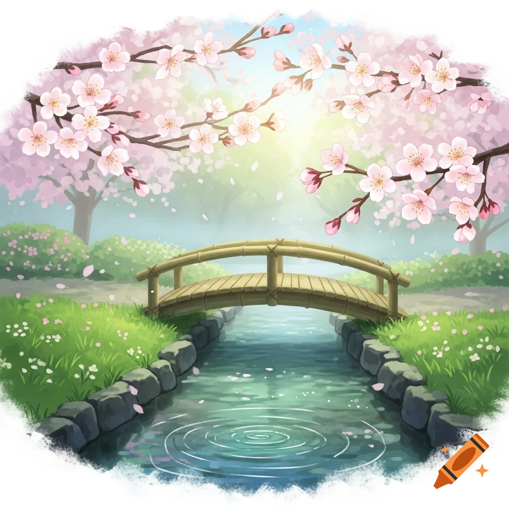 A serene Japanese garden with a bamboo bridge over a stream, surrounded by pink cherry blossoms in a painterly style.