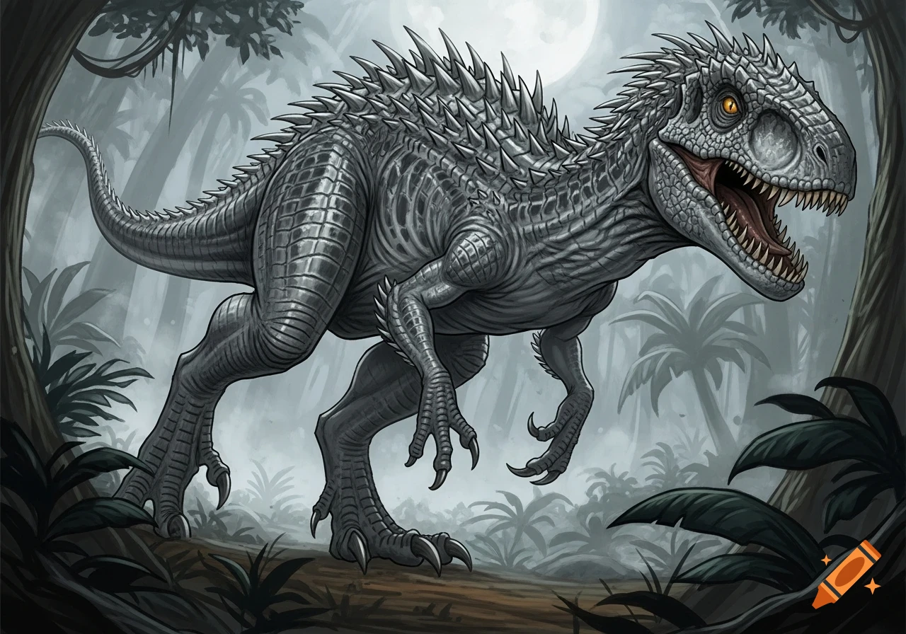 A fierce, gray, spiky hybrid dinosaur with glowing orange eyes stands in a dark jungle under a full moon, its mouth open in a roar.