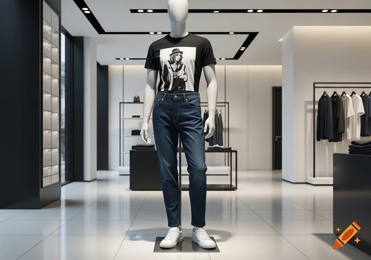 A mannequin wearing a black t-shirt with a graphic print, blue jeans, and white sneakers, standing in a brightly lit modern clothing store.