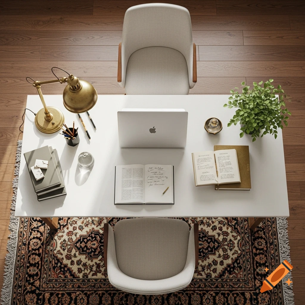 Overhead view of a neat desk with a laptop, brass lamp, open books, potted plant, and a chair at each end on a patterned rug.