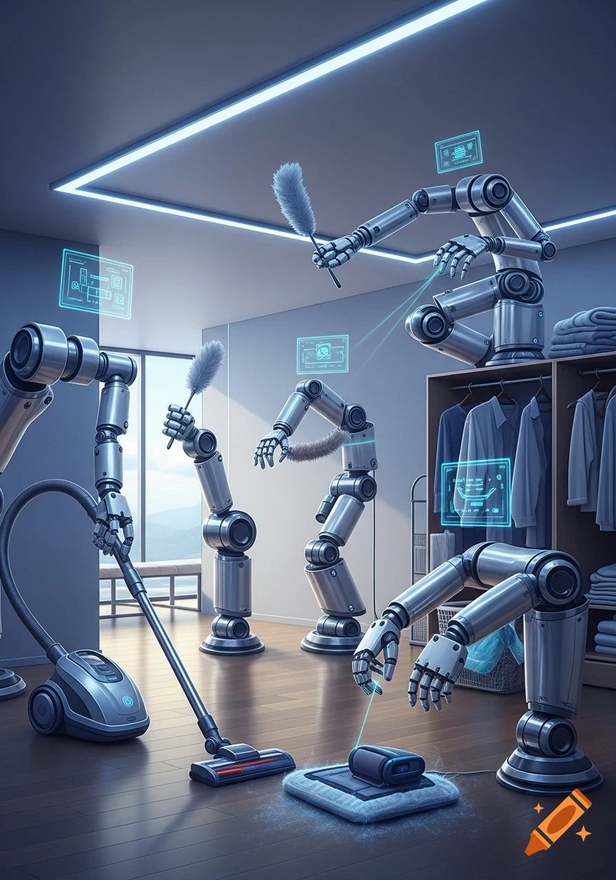 Photorealistic image of multiple robotic arms performing various household chores in a modern room, including vacuuming, dusting, and mopping.