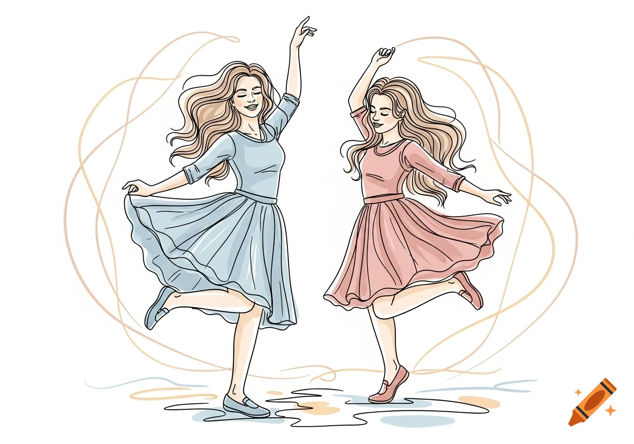 Two happy girls with long wavy hair dancing, one in a light blue dress and the other in a pink dress, in a line art style illustration.