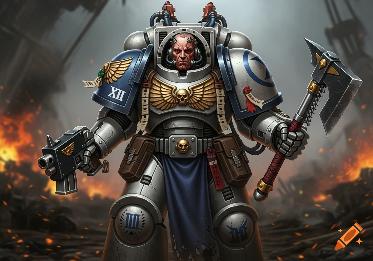A heavily armored space marine in white and blue power armor holds a bolt pistol and a chain-axe amidst a fiery, battle-torn landscape.