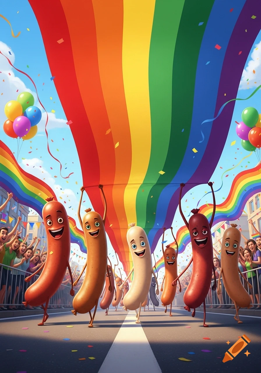 Cartoon sausages march in a vibrant pride parade, holding a large rainbow flag over a street with confetti and balloons.