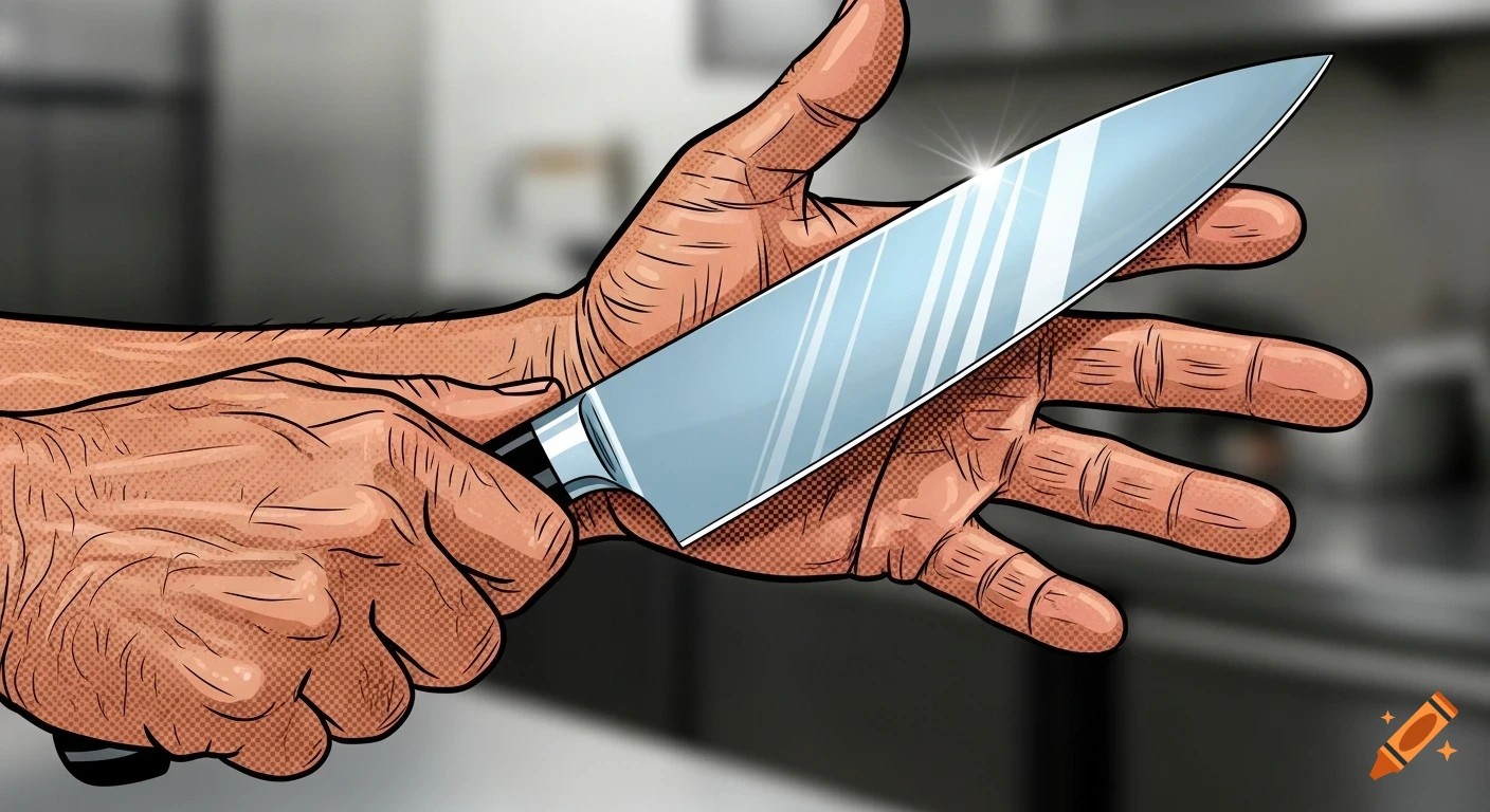A comic book illustration of a weathered hand holding a chef's knife in a kitchen setting.