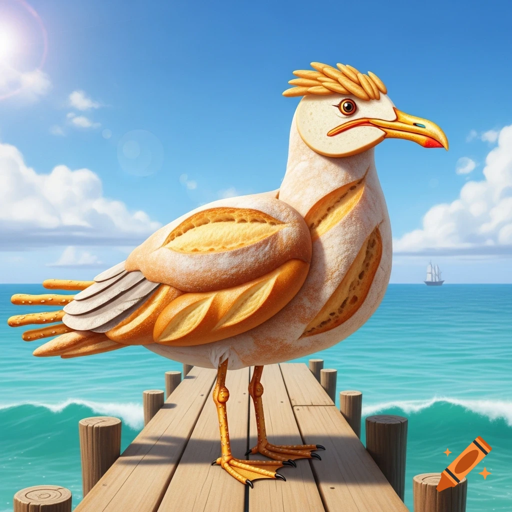A whimsical seagull made of bread, standing on a wooden pier above a blue ocean under a bright sky.