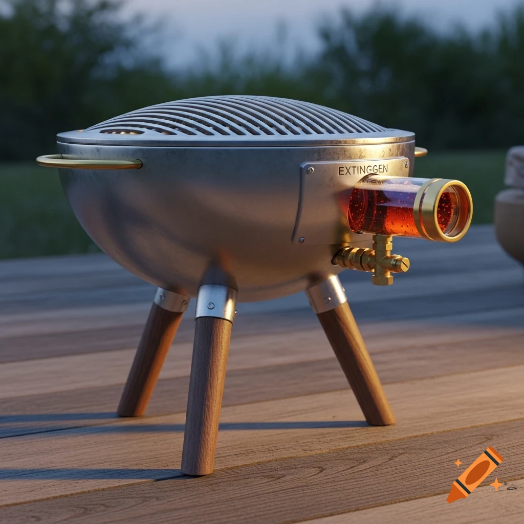 A stylish, stainless steel grill with wooden legs and a red-liquid-filled tube labeled 'EXTINGGEN', on a wooden deck.