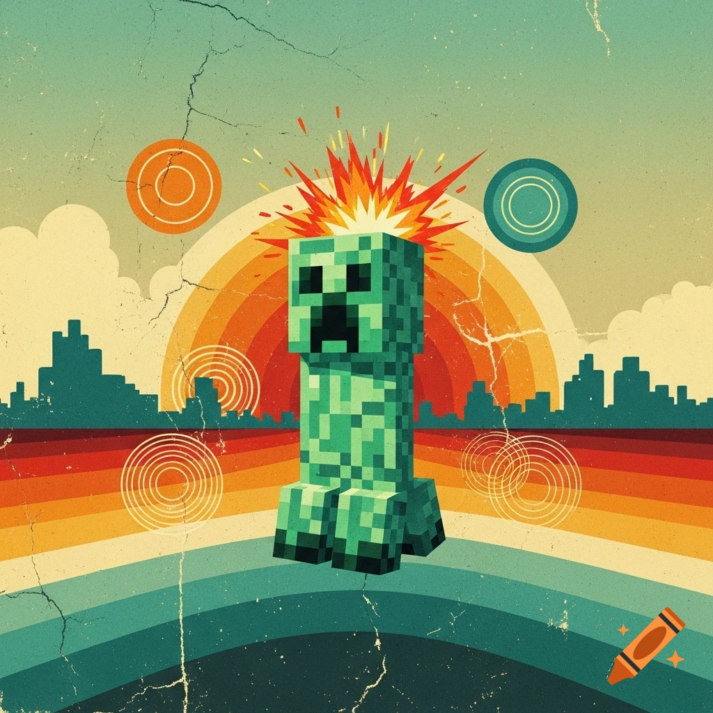 A blocky Minecraft Creeper with an explosion over its head, against a distressed vintage rainbow and city silhouette.