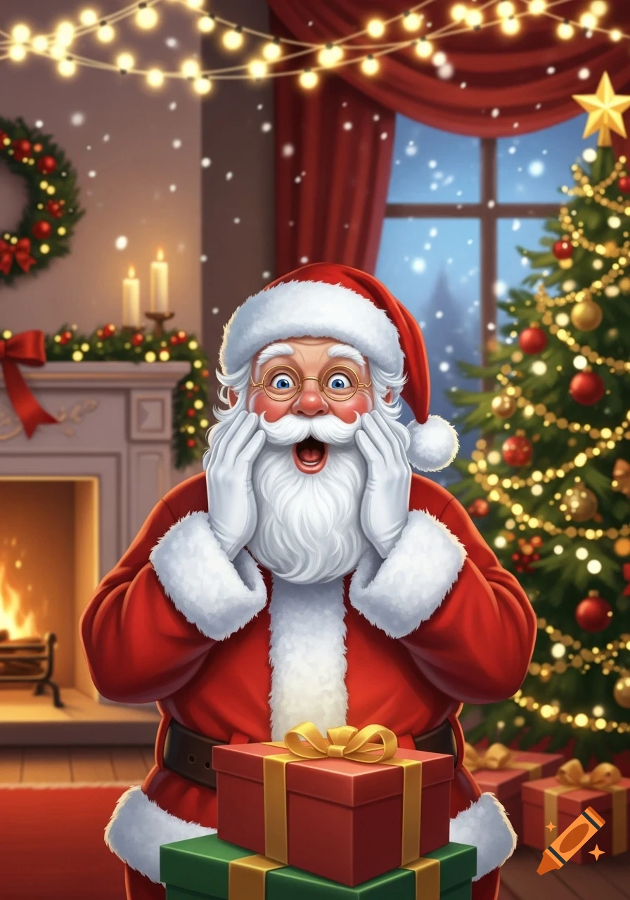 Santa Claus looks shocked with hands on his face, surrounded by Christmas lights, fireplace, tree, and presents.