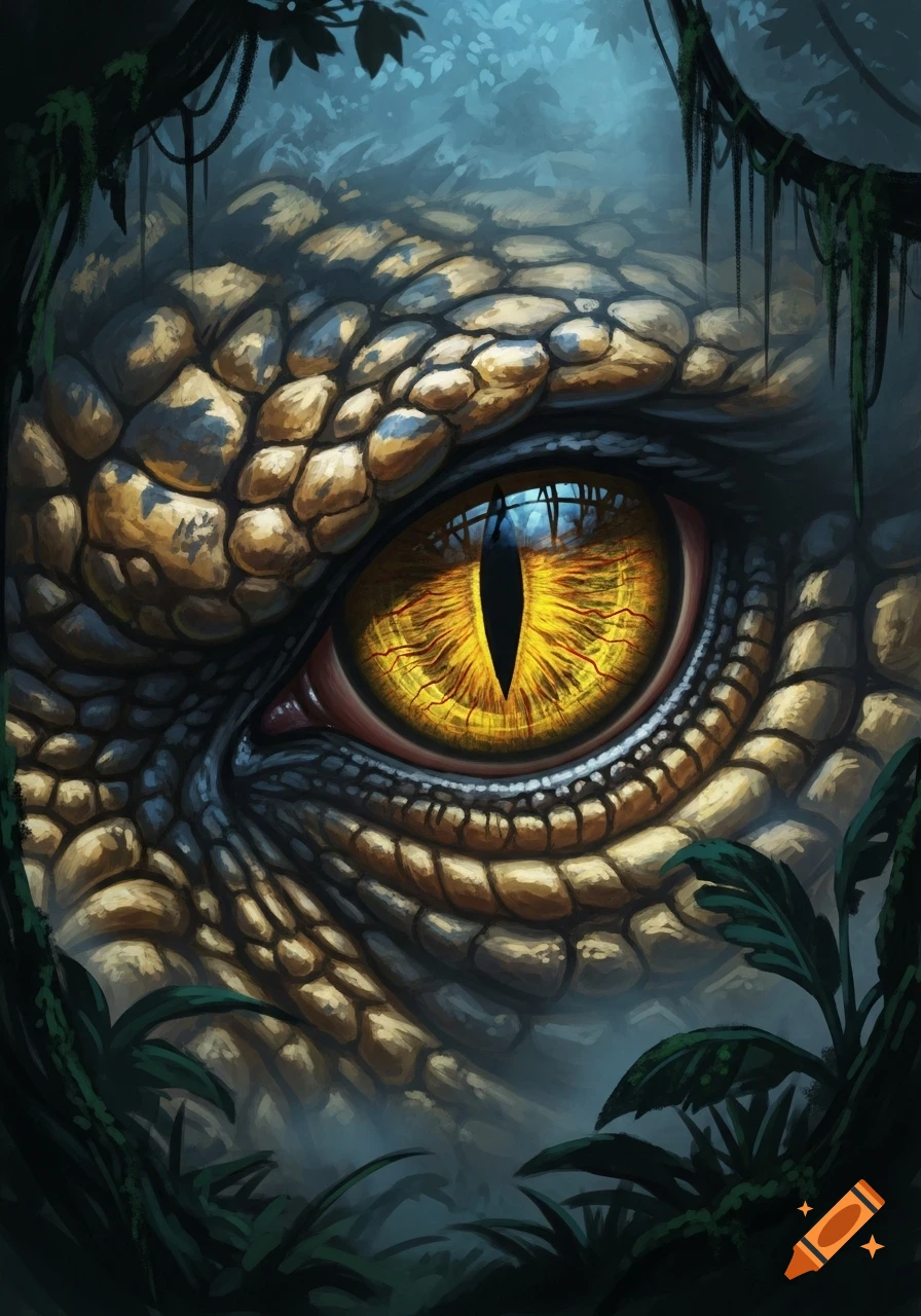 Close-up of a golden reptilian eye with a vertical pupil, surrounded by textured scales and dark jungle foliage.