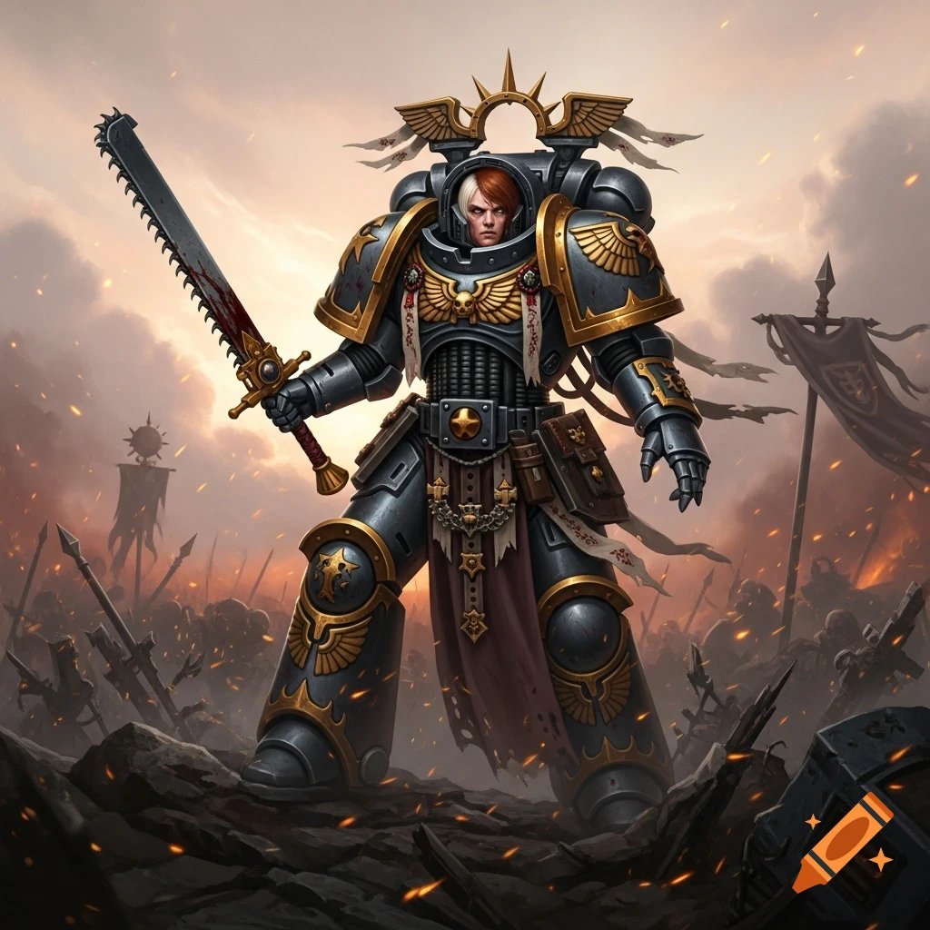 A heavily armored female warrior in power armor with a chainsword stands on a chaotic battlefield under a dramatic, cloudy sky.