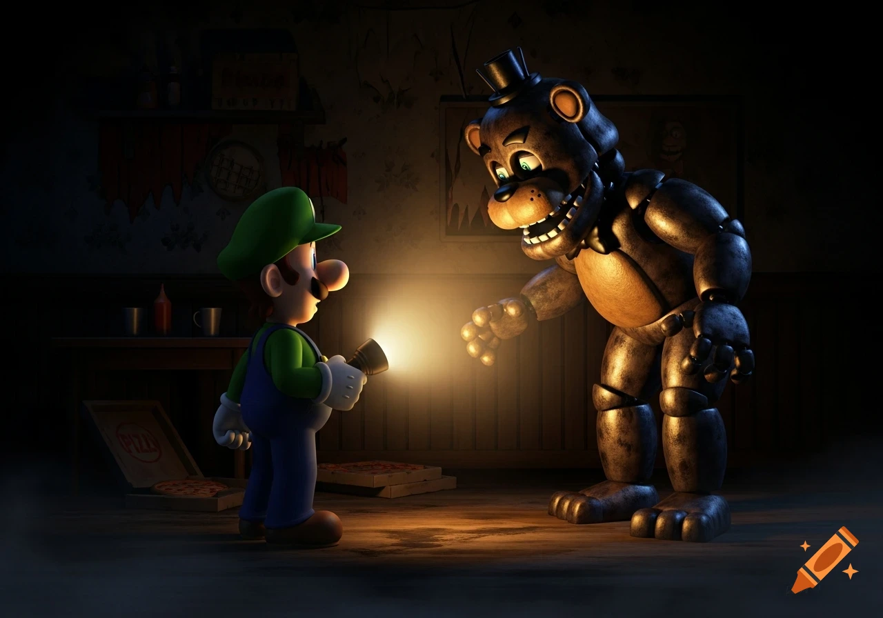 Luigi shines a flashlight at a menacing Freddy Fazbear in a dark, eerie room with pizza boxes.