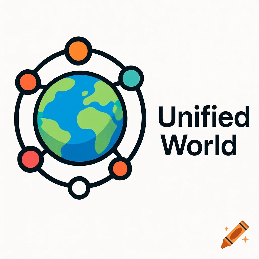 A stylized logo of the Earth globe surrounded by orbiting colorful dots connected by lines, with the text 'Unified World'.
