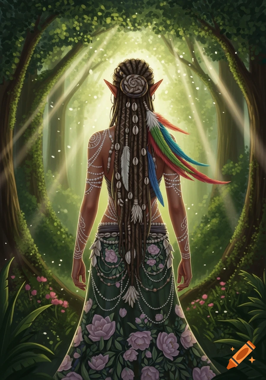 Back view of a female elf with dreadlocks, shells, feathers, and white tribal body paint, standing in a sunlit forest.