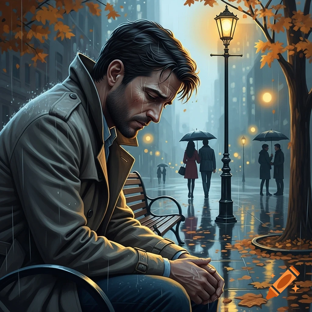 A sad man in a trench coat sits on a bench in a rainy city street, surrounded by autumn leaves and distant figures with umbrellas.