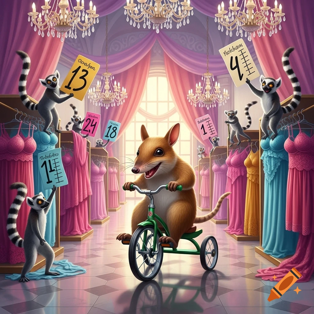 A cartoon bandicoot rides a green tricycle through a vibrant lingerie store while ring-tailed lemurs hold up scorecards.