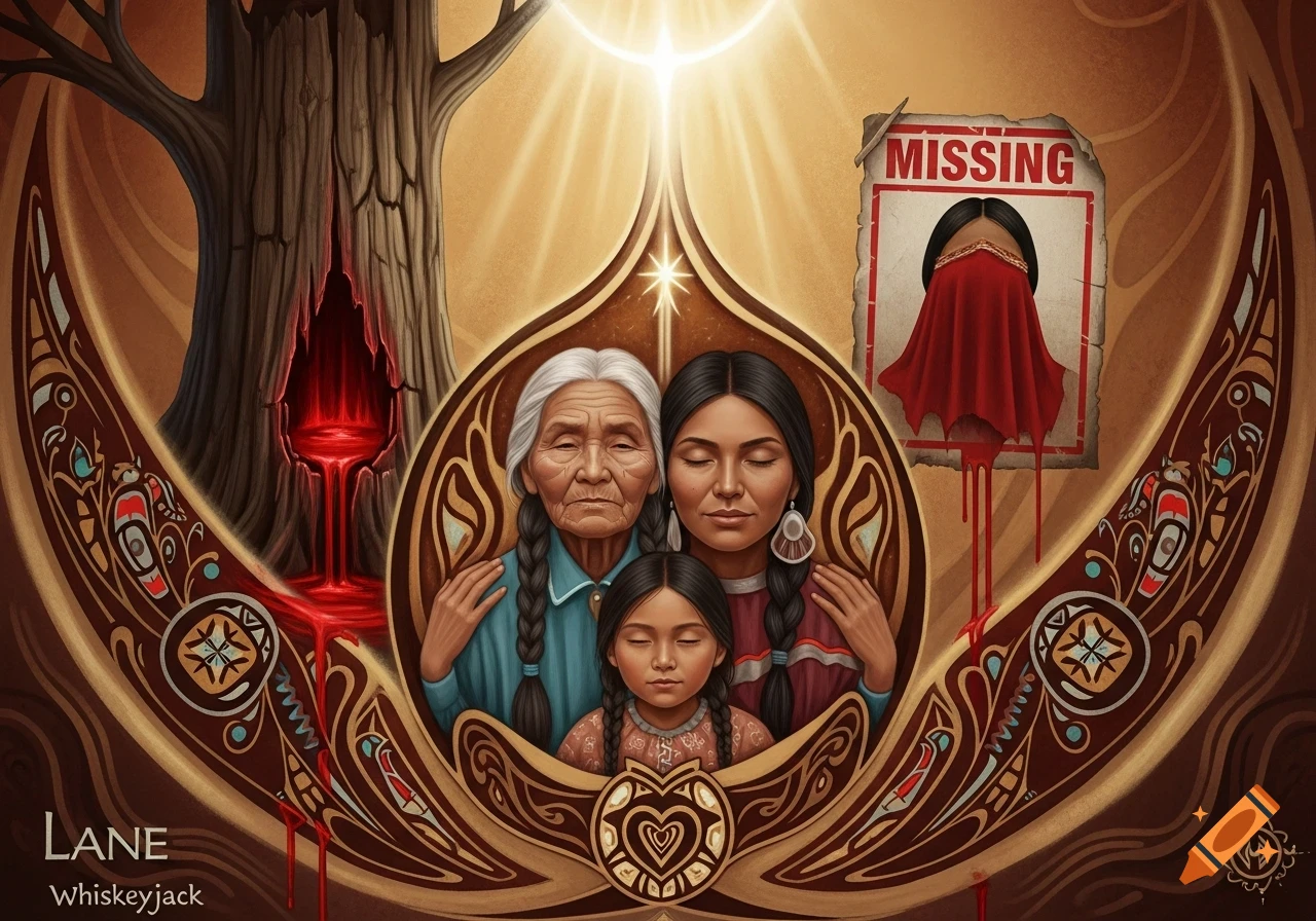 Symbolic painting of three indigenous women, generations, surrounded by cultural patterns; a bleeding tree and 'MISSING' poster in background.