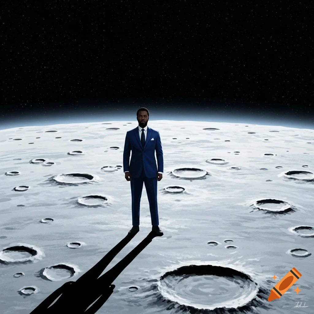 A Black man in a blue suit stands on the crater-filled surface of the moon, looking at the viewer, with a starry sky above.