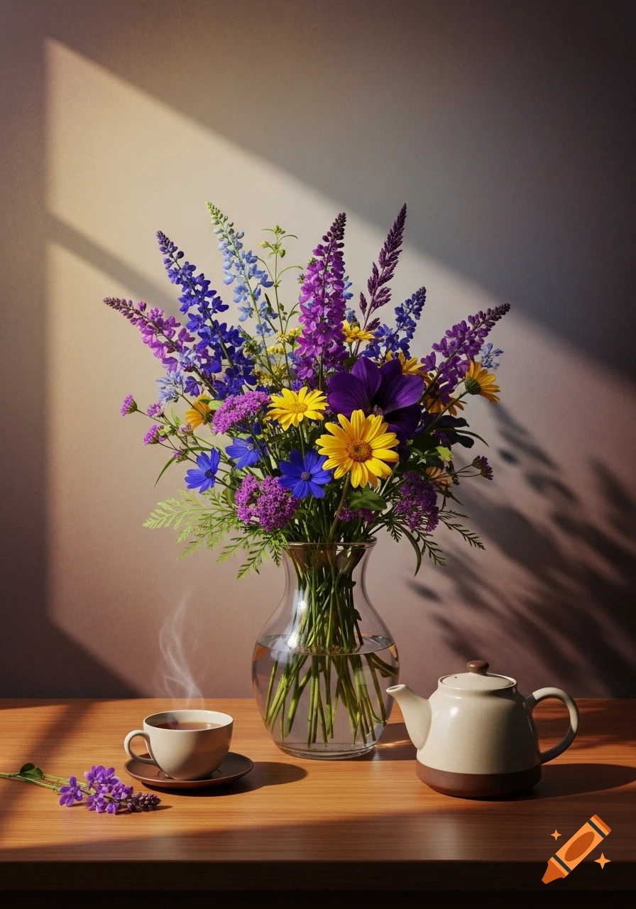 A vibrant bouquet of blue, purple, and yellow wildflowers in a glass vase, next to a steaming teacup and teapot on a wooden table, illuminated by sunlight.