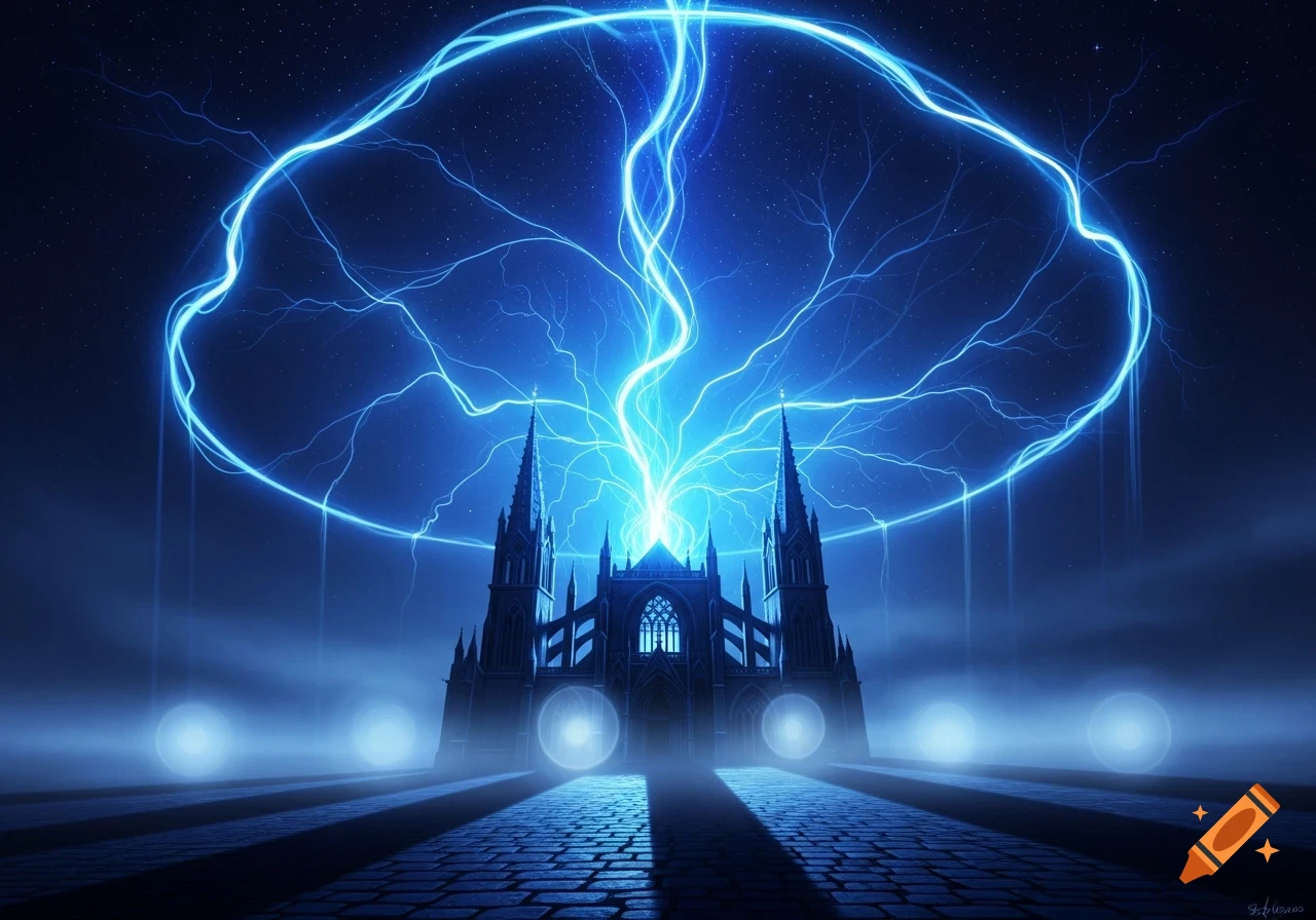 A gothic cathedral is illuminated by intense blue lightning and electrical energy radiating into a dark, starry night sky.