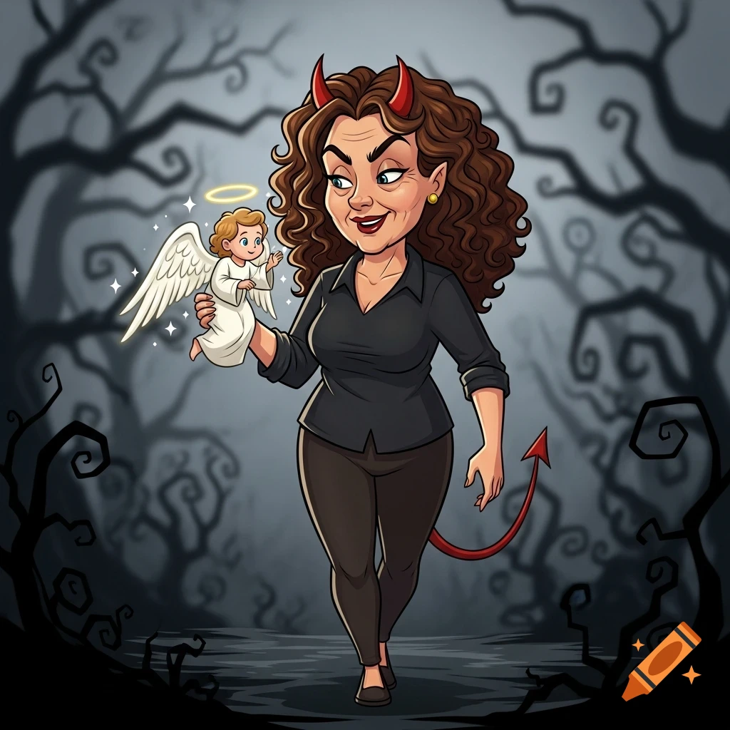 A cartoon woman with devil horns and tail holds a tiny angel, walking through a dark, spooky forest.