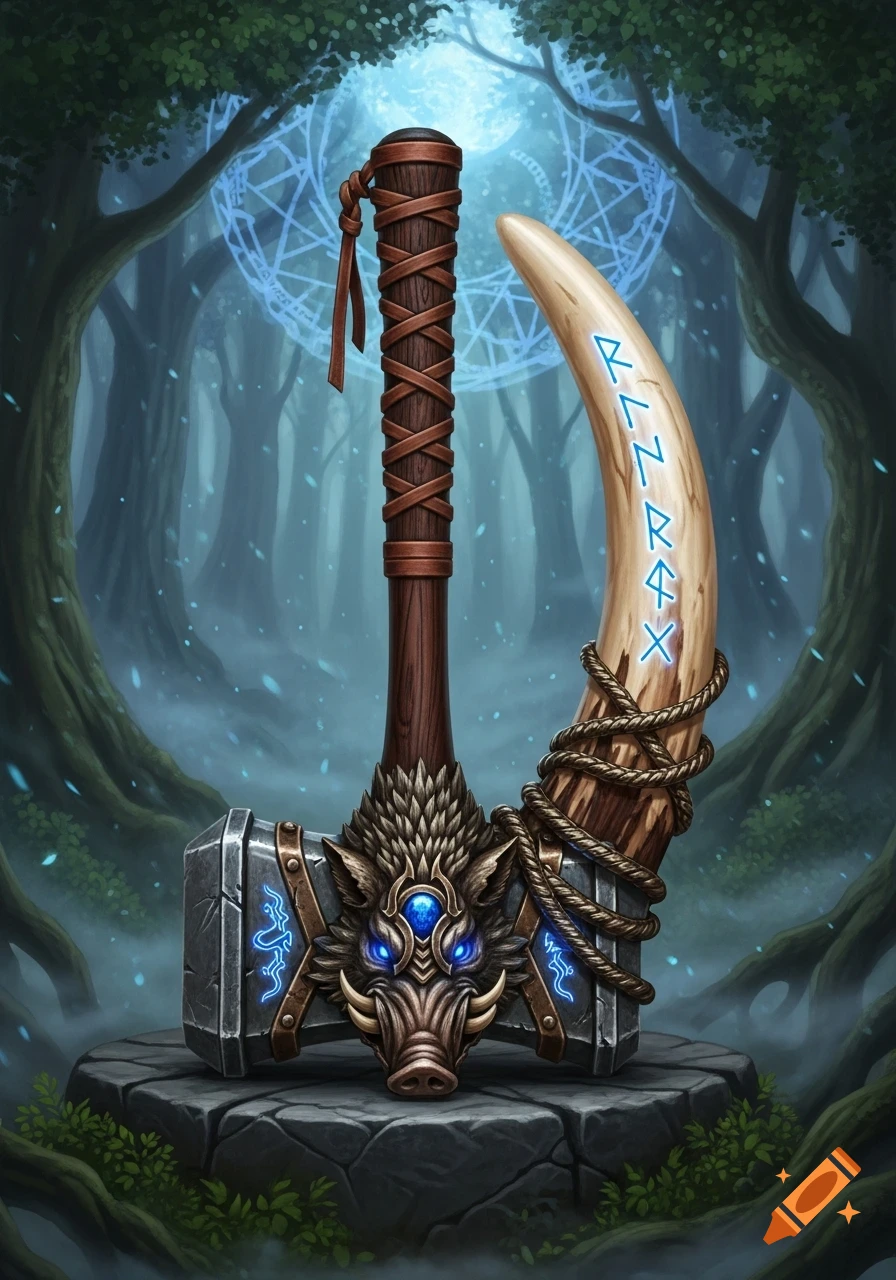 A fantasy war hammer with a boar's head on the haft, an ornate wooden handle, and a large tusk wrapped with rope, stands on a stone pedestal in a misty, magical forest with glowing runes.