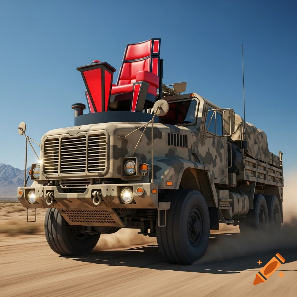 Photorealistic military truck with a red 'The Voice' chair on its roof, driving through a dusty desert.