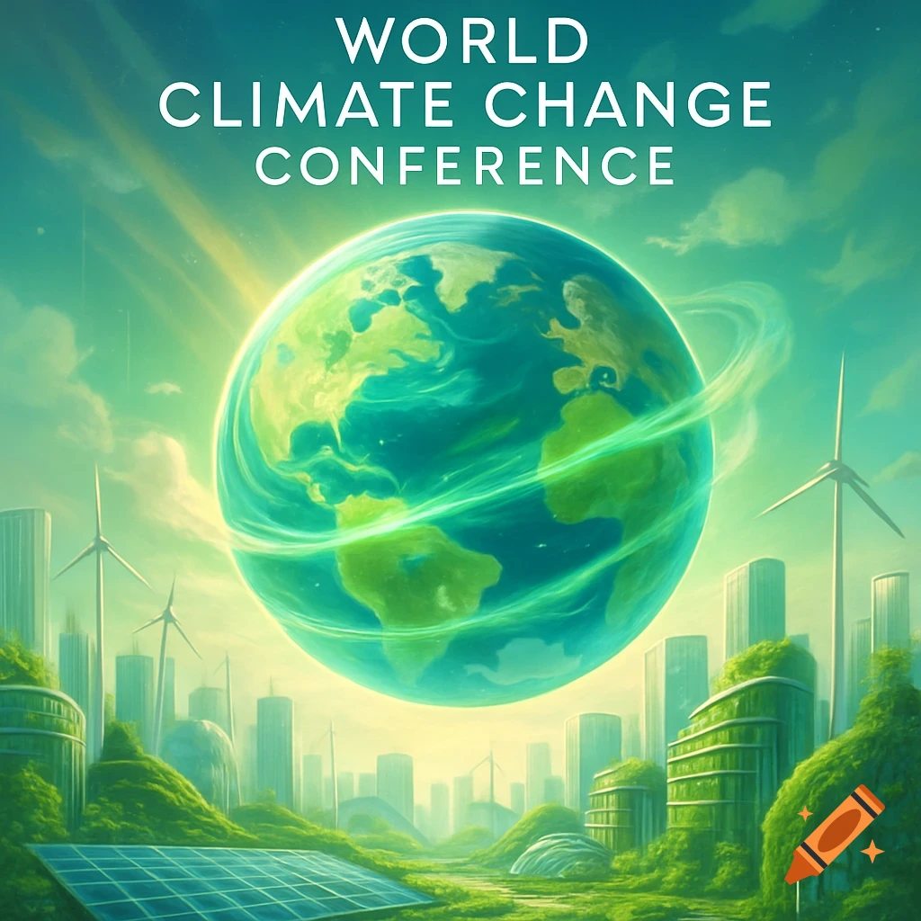Stylized cityscape with green buildings, wind turbines, solar panels, and a glowing Earth above, titled 'WORLD CLIMATE CHANGE CONFERENCE'.