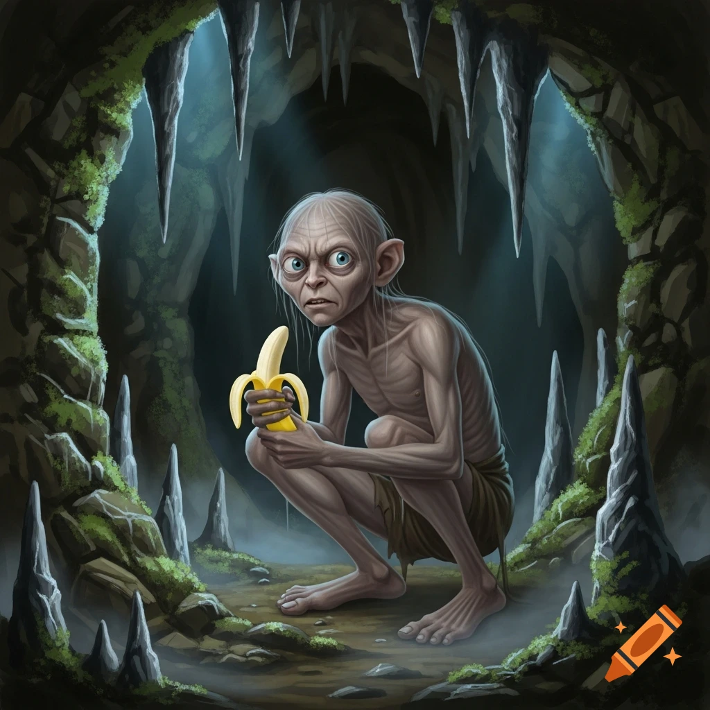 Gollum crouches in a dark, mossy cave, holding a partially peeled banana. Digital illustration.