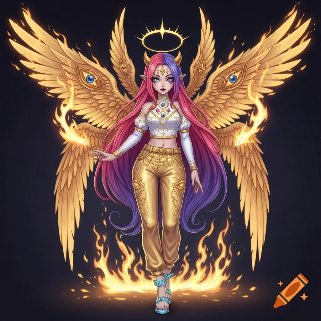 A stylized fantasy character with split pink and purple hair, golden wings, a halo, and horns, standing amidst flames.
