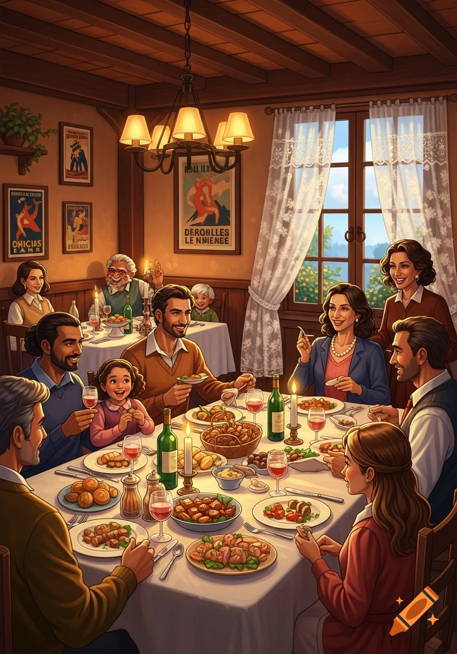 A large family gathers around a candlelit table, enjoying a meal together in a cozy, warm-toned restaurant, with smiling faces and food platters.