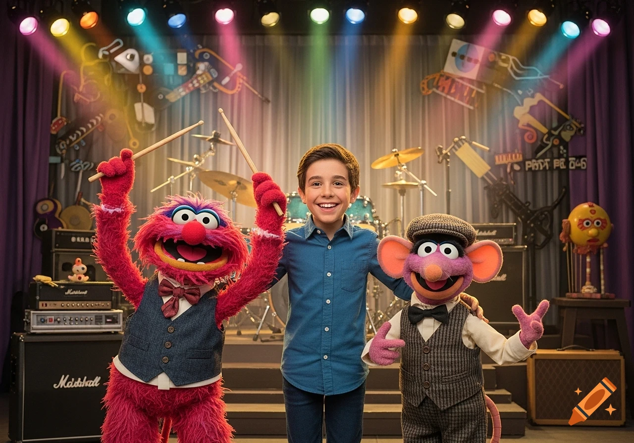 A smiling boy stands between a red monster puppet and a purple mouse puppet on a brightly lit stage with musical instruments.