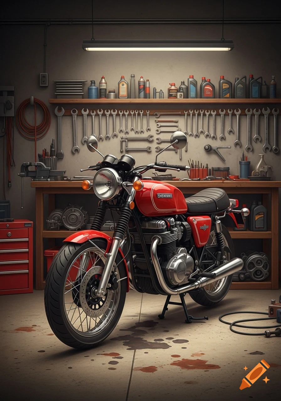 A shiny red vintage motorbike with chrome accents parked in a detailed garage workshop, surrounded by tools and supplies.