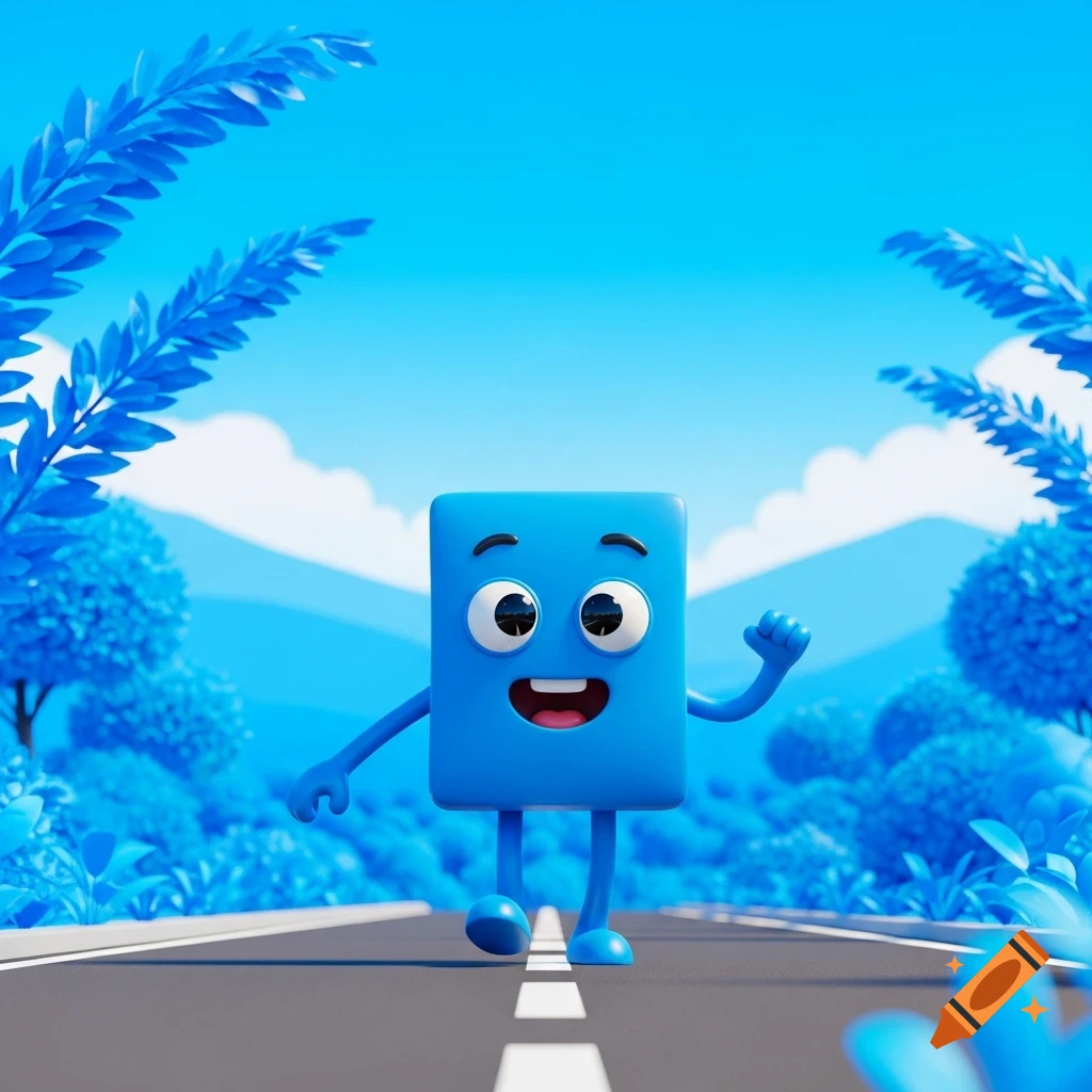 A cheerful, anthropomorphic blue rectangle character walking on an asphalt road in a vibrant, blue-toned 3D cartoon landscape.
