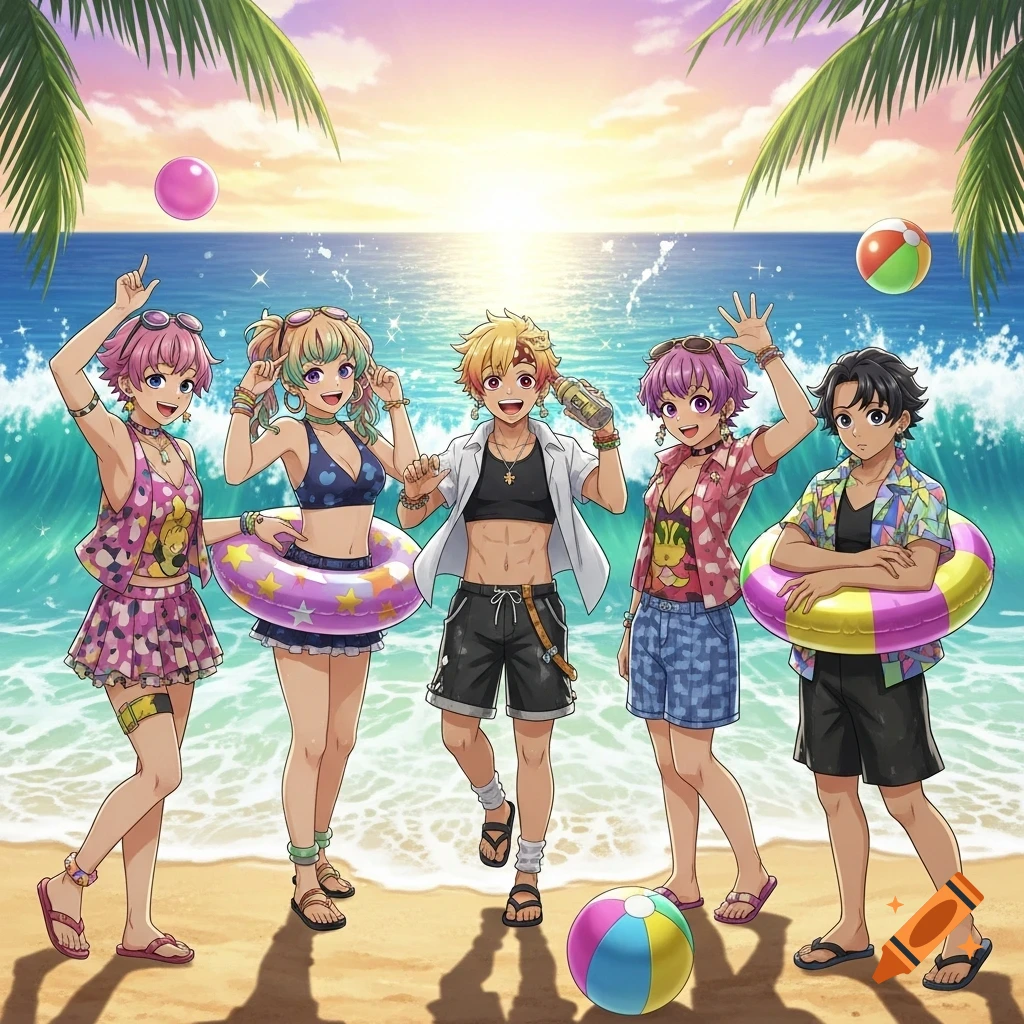 Five anime characters in swimsuits posing on a sunny beach with the ocean and palm trees.