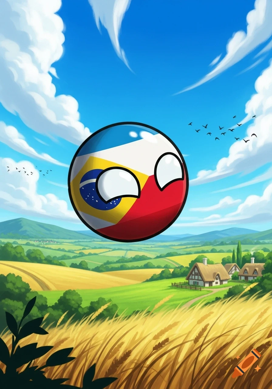 A cartoon countryball with glossy eyes and a multi-flag design floats above a vibrant green and golden wheat field under a blue sky.